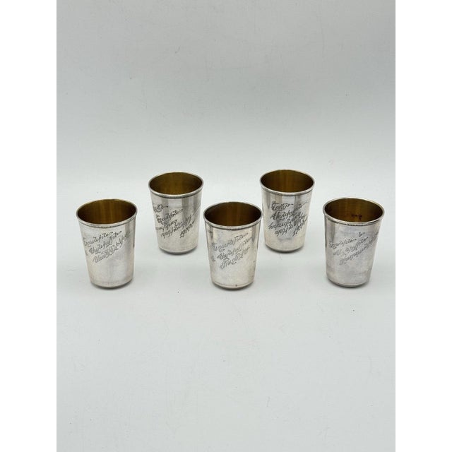 Metal 1950s Rare 5 Soviet Armenian 875 Silver Vodka Cups 875 Star Russian Hallmark 875 Silver Purity Yerevan Opera 1955 Gilt For Sale - Image 7 of 8