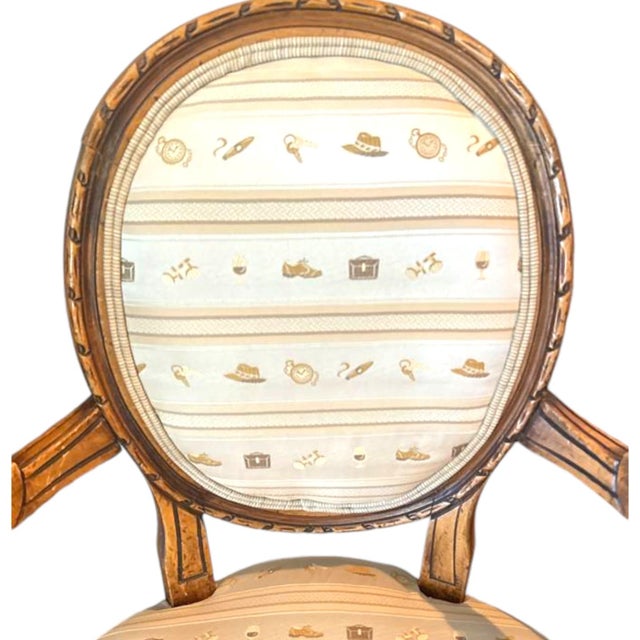 French Early 1900s French Louis XVI Style Carved Walnut Fauteuil Fireside Armchair and Matching Ottoman For Sale - Image 3 of 12