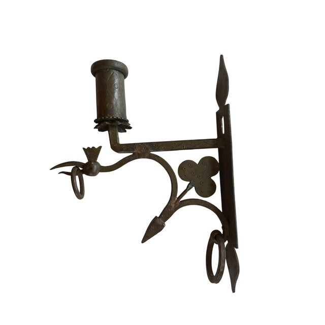 Mediterranean Pair of Antique Early Forged Iron Candle Sconces For Sale - Image 3 of 8