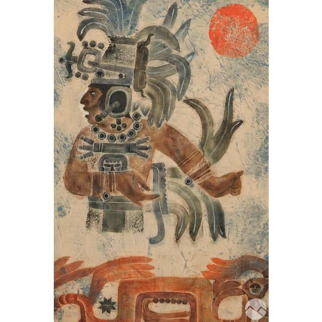 Dale William Nichols (American, 1904-1995) paint and rubbing on linen fabric mounted to board features a figural Mayan...