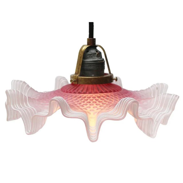 Art Nouveau French Pink Frosted Glass Pendant Light, 1920s For Sale - Image 3 of 6