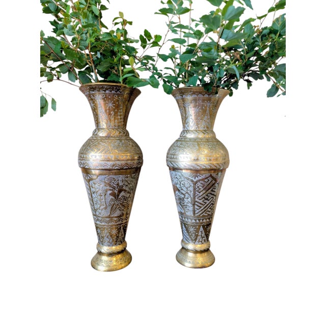 Pair of Large Mid-Century Indian Etched Brass Vases For Sale - Image 11 of 11