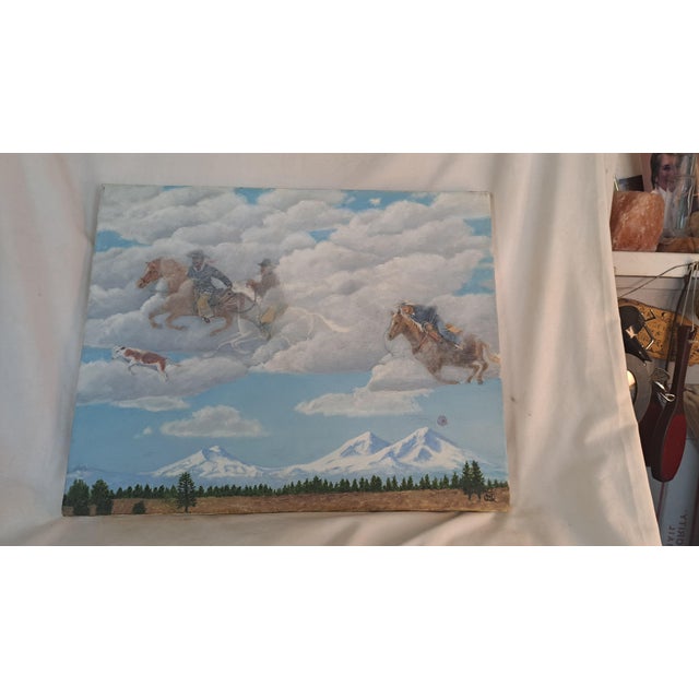 Sky Blue Vintage Oil Painting 2006 Riders in the Sky Original Oil Panting Riders in the Sky For Sale - Image 8 of 12