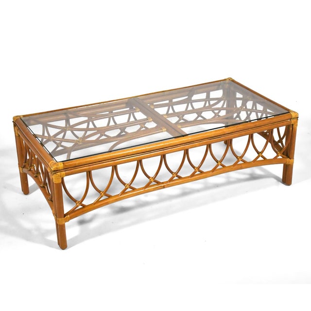 McGuire McGuire Rattan Coffee Table with Glass Top For Sale - Image 4 of 9