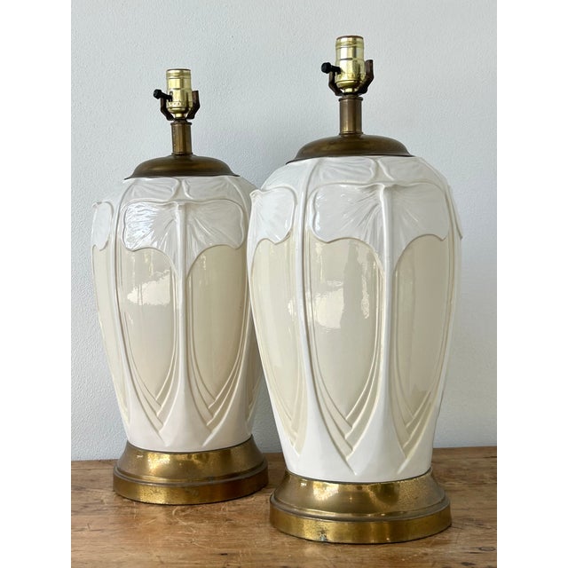 Ecru Vintage Boho Frederick Cooper Ginkgo Glazed Ceramic Lamps - A Pair For Sale - Image 8 of 12