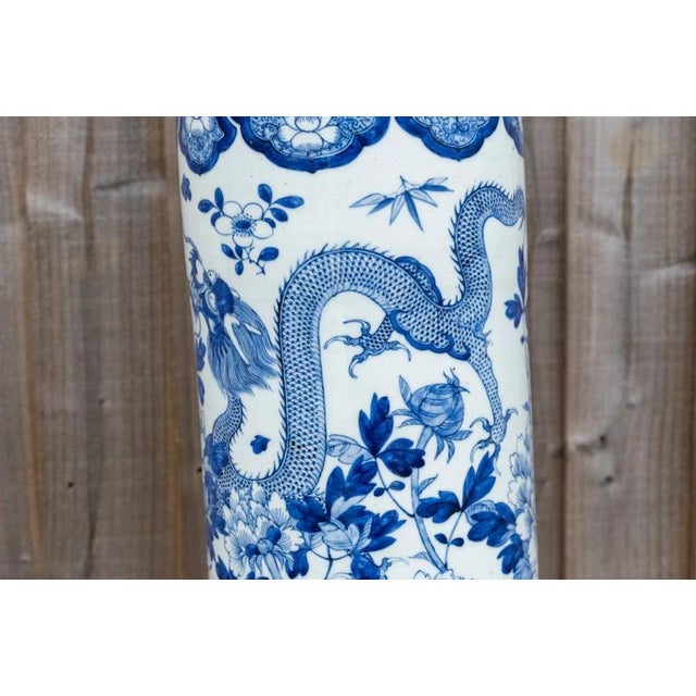 Large 19th Century Chinese Qing Blue and White Twin Dragon Porcelain Vase For Sale - Image 11 of 18