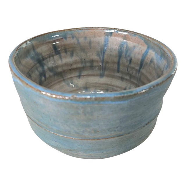 Mid-Century Signed Studio Art Pottery Bowl With Blue Drip Glaze For Sale