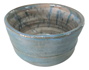 Mid-Century Signed Studio Art Pottery Bowl With Blue Drip Glaze