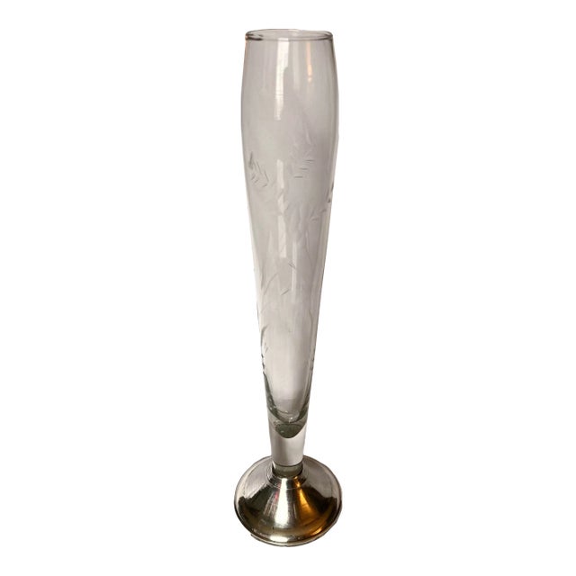 Mid 20th Century Etched Glass & Weighted Sterling Silver Bud Vase For Sale