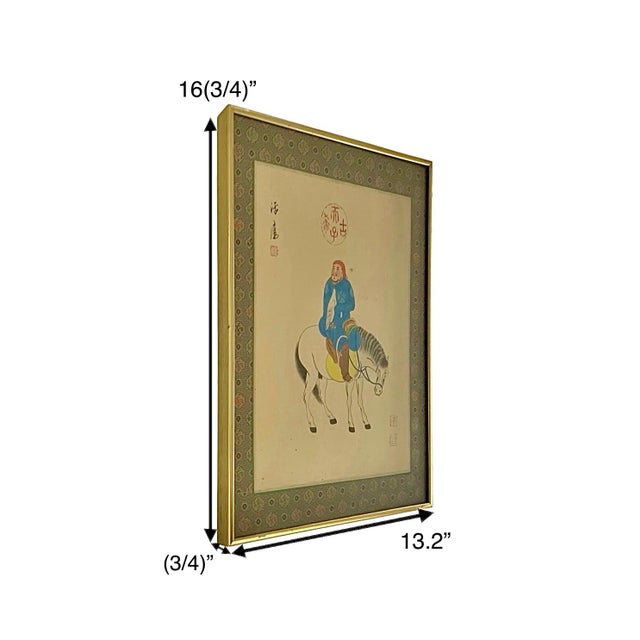 This beautiful vintage Chinese painting features a traditional falconer or noble hunter in vibrant blue robes mounted on a...