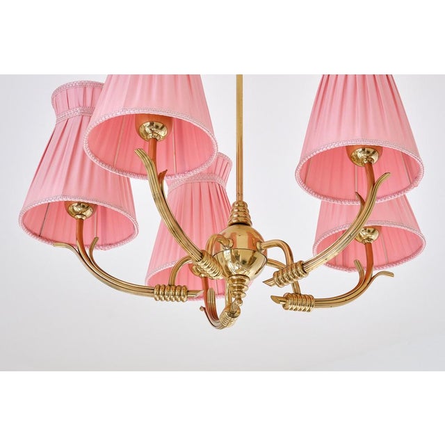Vintage Swedish Five-Arm Brass Chandelier with Pink Shades, 1940s For Sale - Image 11 of 13