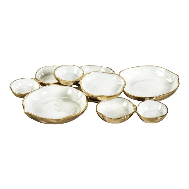 Cluster of Nine Round Serving Bowls with White Enamel Interior For Sale