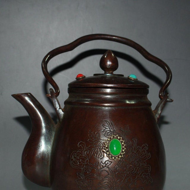 Wine Vintage Copper Wine Pot | Chased Floral Motif & Faux Gemstone | Chinese Tea Kettle For Sale - Image 8 of 9