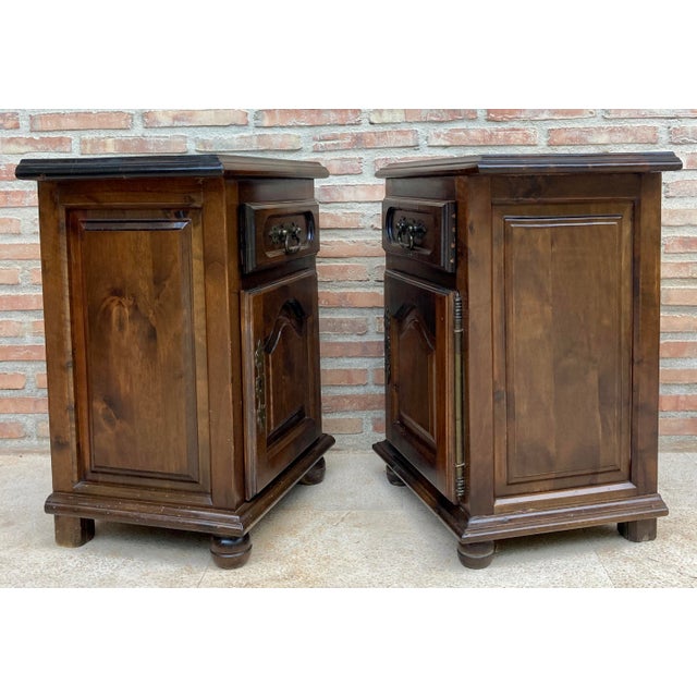Rustic Pair of Spanish Wooden Bedside Cabinets With Drawer and Door, Mid 20th Century For Sale - Image 3 of 9