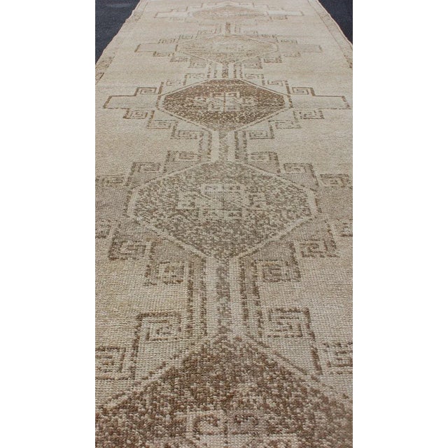 Textile Vintage Hand Knotted Turkish Oushak Runner With Geometric Design in Ivory, L.Brown and Taupe For Sale - Image 7 of 13
