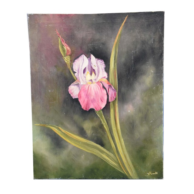 This original oil on canvas painting captures the vibrant beauty of a single iris in shades of pink and purple, set...