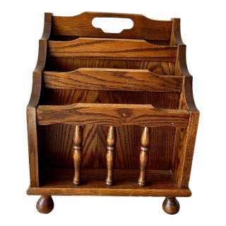 Vintage Leick Furniture Solid Oak 3-Tier Magazine Rack & Record Caddy For Sale