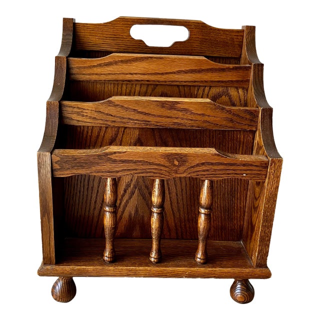 Vintage Leick Furniture Solid Oak 3-Tier Magazine Rack & Record Caddy For Sale