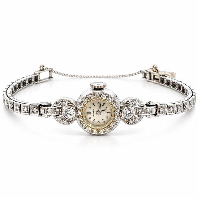 Mid-Century Modern Vintage Perraux 14k White Gold Diamond Ladies Cocktail Watch For Sale - Image 3 of 6