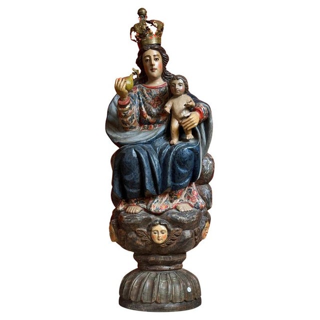 Spanish Virgin and Child in Polychrome Wood on Cloud with Cherubs For Sale - Image 12 of 12