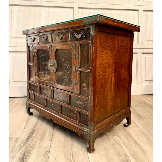 Brown Vintage Korean Scholar's Cabinet With Hand-Painted Hunting Scenes For Sale - Image 8 of 16