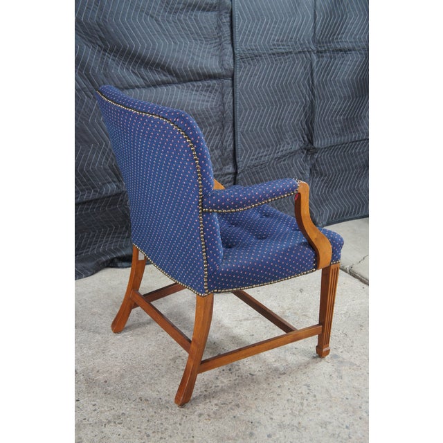 2 Mid Century Federal Mahogany Office Arm Chairs Blue Polka Dot Tufted Fabric For Sale - Image 12 of 12