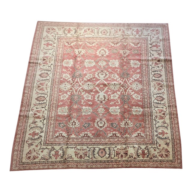 Vintage Salmon Oushak Wool Rug, Pakistan, Late 20th Century, 9’ X 11’5” For Sale