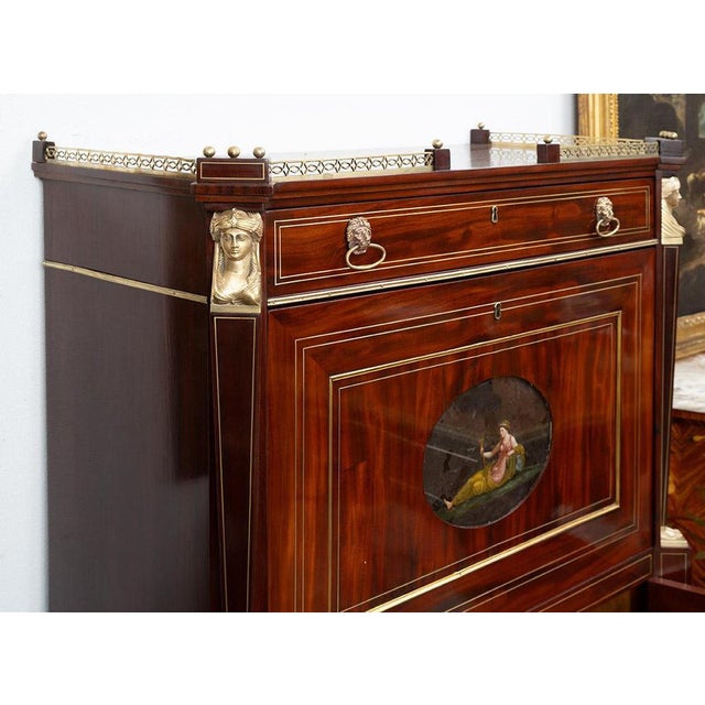 Antique Mahogany Secretary Desk with Bronze Inlays Featuring Neoclassical Scenes, 19th Century For Sale - Image 3 of 8