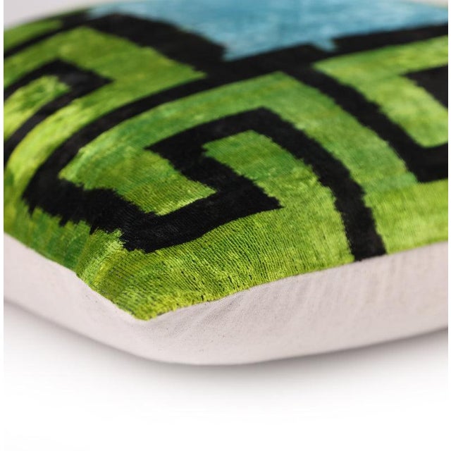 Textile Greek Key Velvet Pillow in Green & Blue – Handmade 24x24 Inch Square For Sale - Image 7 of 8