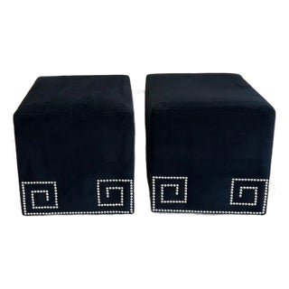 Black Cube Rolling Footstools, Ottomans With Chrome Nailheads For Sale