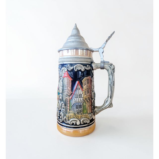 Vintage German Lidded Beer Stein Mug with Relief Town Views in Glazed Stoneware, 1950s For Sale - Image 15 of 15
