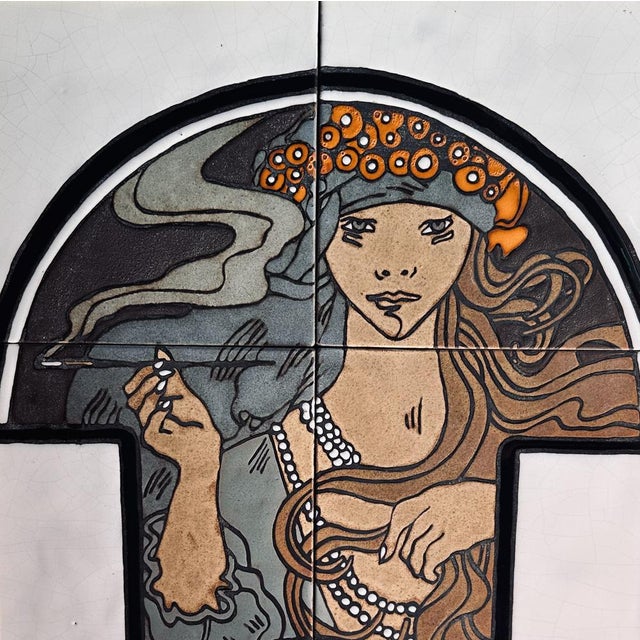 1970s The Muse of Silent Look Alphonse Mucha in Glazed Ceramic Wall Clock, 1970s For Sale - Image 5 of 14
