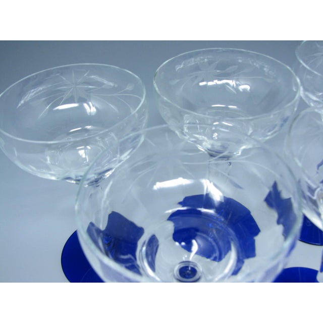 Vintage 1930s Weston Cut Glass Liquor Cocktail Goblets With Floral Design and Cobalt Foot - 7 Pieces For Sale In Chicago - Image 6 of 13