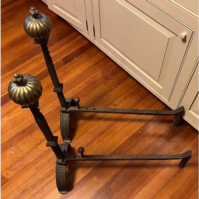 Very Large Antique 19th Century French Baroque Wrought Iron and Bronze Andirons With Gothic Tudor Arch for Limestone Fireplace Mantel For Sale - Image 9 of 15