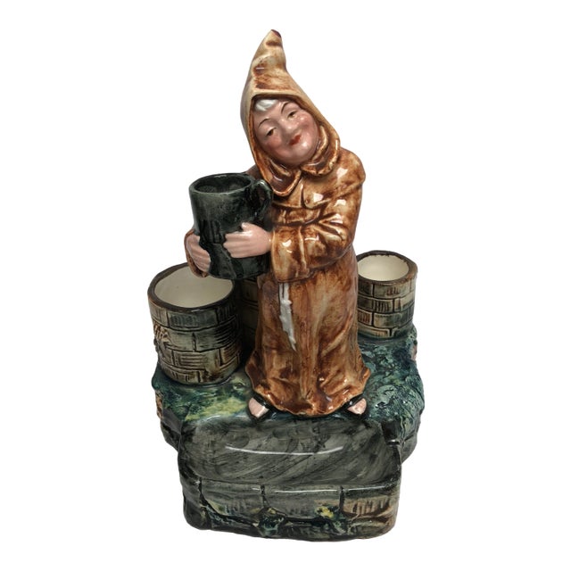 Smiling Monk Majolica Matchholder For Sale