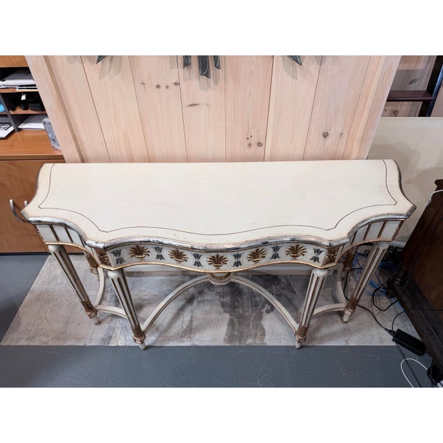 French Vintage Louis XVI Style Painted Demi Lune Console Table With Gilt Accents For Sale - Image 3 of 8
