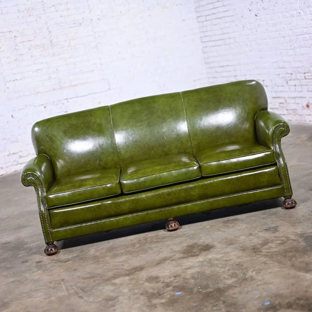 Traditional 1940-1950s Traditional Green Naugahyde Faux Leather Lawson Club Style Sofa W/Rolled Arms For Sale - Image 3 of 12