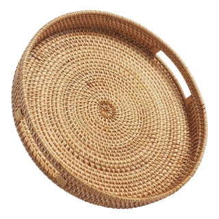 Round Rattan Serving Tray With Handles Small For Sale