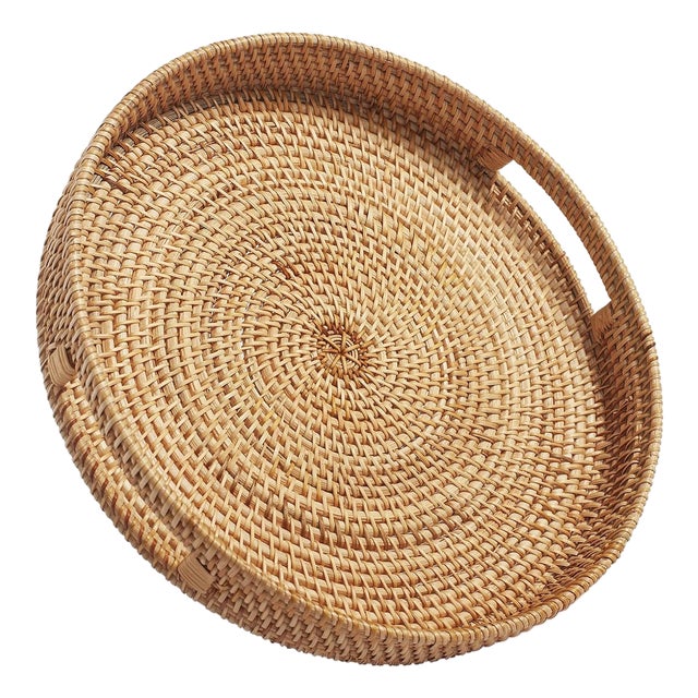 Round Rattan Serving Tray With Handles Small For Sale