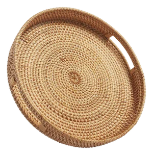 Round Rattan Serving Tray With Handles Small
