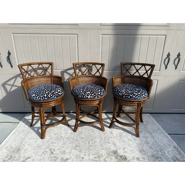 Vintage Tommy Bahama Kamala by Lexington Rattan Swivel Counter Stools - Set of 3 For Sale - Image 10 of 11