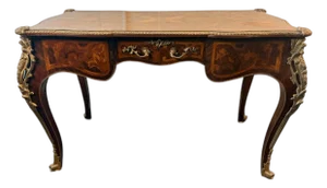 1940s Louis XV Style Inlaid Writing Desk With Ormolu Mounts & Marquetry Top (French Style Bureau Plat)