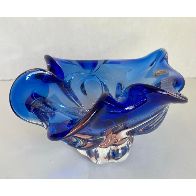 Glass Vintage Bohemia Czech Cobalt Blue & Pink Art Glass Centerpiece Bowl For Sale - Image 7 of 11