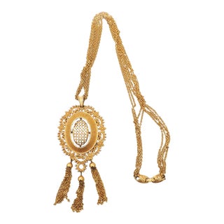 Vintage 1960s Signed Monet Goldtone Openwork Tassels Pendant Necklace For Sale