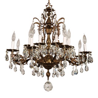 Vintage Rococo French 8 Arm 16 Lite Ornate Dark Patina Brass Crystal Chandelier For Sale