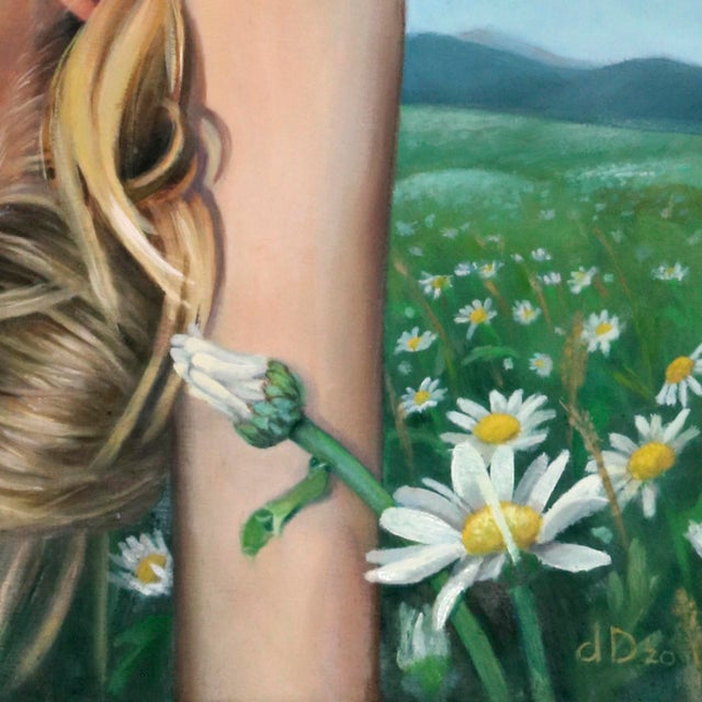 Figurative Olympic Lyla by Denise Dambrackas | Mixed-media: Acrylic & Oil on Panel of a girl doing a handstand in a field. For Sale - Image 3 of 5