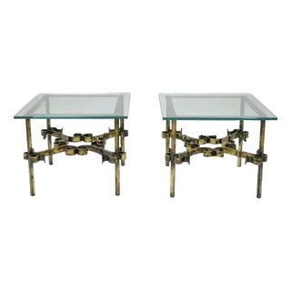 Mid Century Spanish Hollywood Regency Wrought and Gilt-Iron Scroll End Tables-Pair For Sale