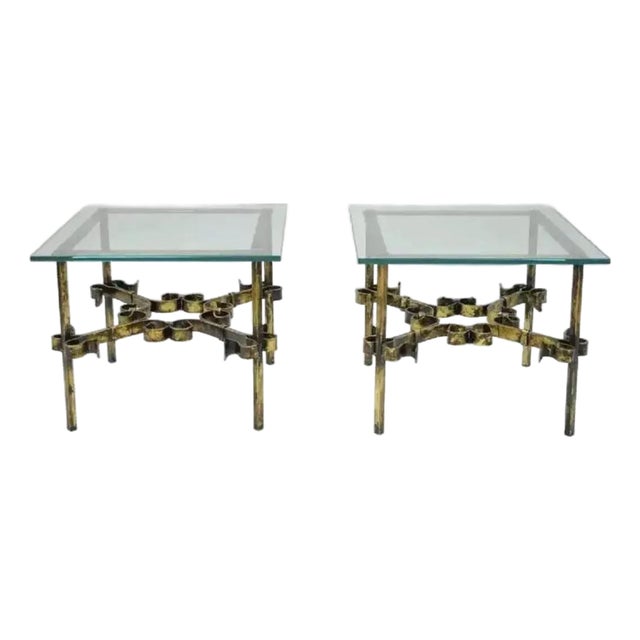 Mid Century Spanish Hollywood Regency Wrought and Gilt-Iron Scroll End Tables-Pair For Sale