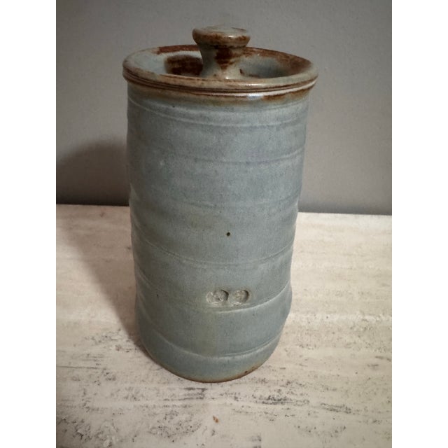 Blue Vintage Studio Pottery Lidded Vessel Soft Blue Grey Glaze With Impressed Marks For Sale - Image 8 of 8
