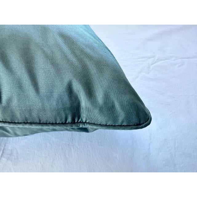 Pair of Custom Blue-Green Silk-Cotton Square Pillows With Cord Detail For Sale - Image 9 of 12